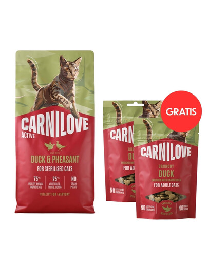 CARNILOVE Active Cat Duck and Pheasant Sterilised 6 kg pre sterilizované mačky + CARNILOVE Crunchy Snack Cat Duck 2x50 g ZADARMO