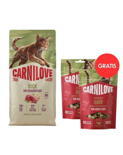 CARNILOVE True Fresh Cat Duck Sterilised 6 kg pre sterilizované mačky + CARNILOVE Crunchy Snack Cat Duck 2x50 g ZADARMO