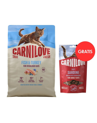 CARNILOVE True Fresh Cat Fish and Turkey Sterilised 2 kg pre mačky po sterilizácii + CARNILOVE Soft Snack Cat Sardine 50 g ZADARMO