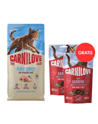 CARNILOVE True Fresh Cat Fish and Turkey Sterilised 6 kg pre sterilizované mačky + CARNILOVE Soft Snack Cat Sardine 2x50 g ZADARMO