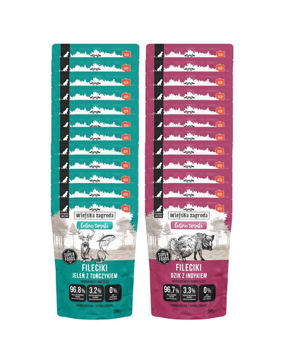 WIEJSKA ZAGRODA Monoproteínové Filetky Mix chutí Diviak s morčacím a Jeleň s tuniakom 24x280 g krmivo pre psov