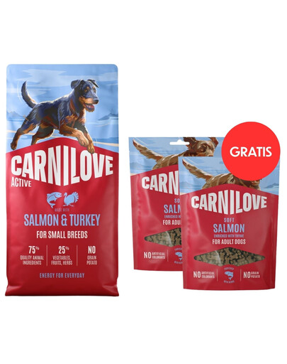 CARNILOVE Active Dog Salmon & Turkey Adult Small Breeds 12 kg losos a morka pre psy malých plemien + CARNILOVE Dog Soft Snack Salmon Small Bite 2x200g GRATIS