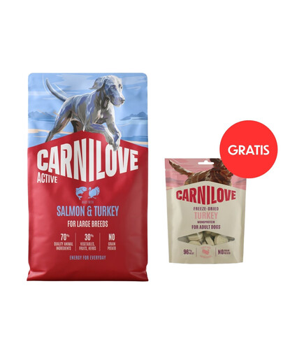 CARNILOVE Active Dog Salmon & Turkey Adult Large Breeds 4 kg losos a morka pre psy veľkých plemien + CARNILOVE Dog Freeze Dried Turkey 60g GRATIS