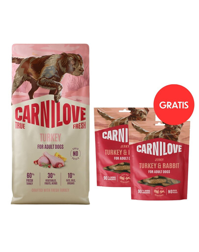 CARNILOVE True Fresh Dog Turkey Adult 12 kg s čerstvým morčacím mäsom pre psov + CARNILOVE Dog Jerky Turkey and Rabbit 2x100g GRATIS