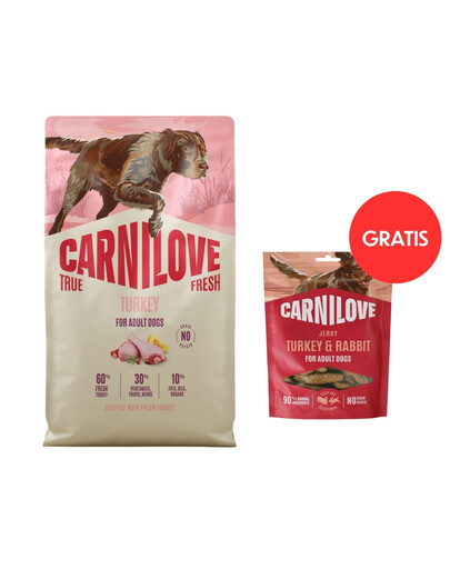 CARNILOVE True Fresh Dog Turkey Adult 4 kg s čerstvým morčacím mäsom pre psov + CARNILOVE Dog Jerky Turkey and Rabbit 100g GRATIS