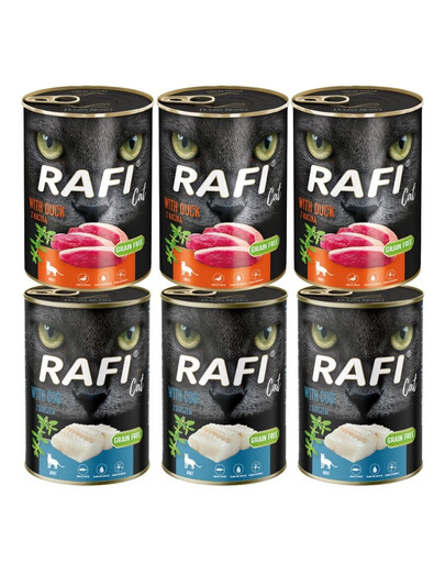RAFI Cat Adult Mix príchutí 6 x 400 s treskou a kačicou, krmivo pre mačky