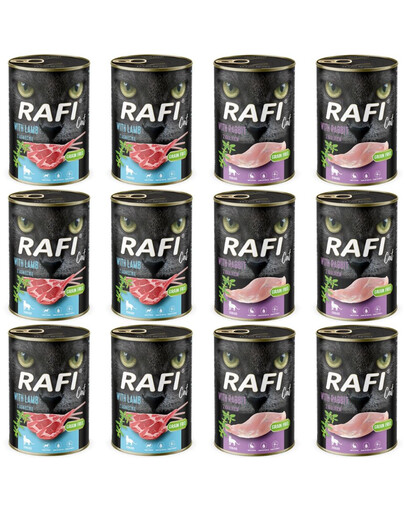 RAFI Cat Adult Mix 2 príchutí jahňacieho a králičieho 12x400 g mokré krmivo pre sterilizované mačky