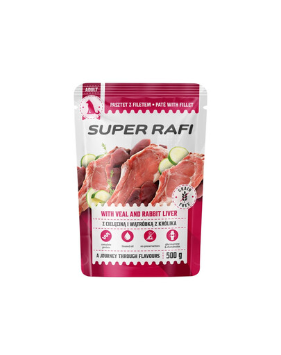 SUPER RAFI s teľacím mäsom a králičou pečeňou pre psov 500 g krmivo pre psov