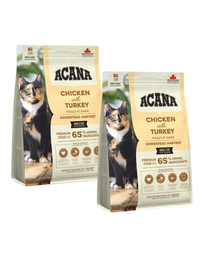 ACANA Homestead Harvest Cat 2x1,8 kg s kuracím a morčacím mäsom, pre dospelé mačky