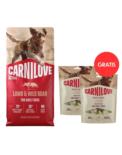 CARNILOVE Active Dog Lamb and Wild Boar Adult 12 kg jahňacie a diviačie pre psov + CARNILOVE Dog Freeze Dried Lamb 2x60g ZADARMO