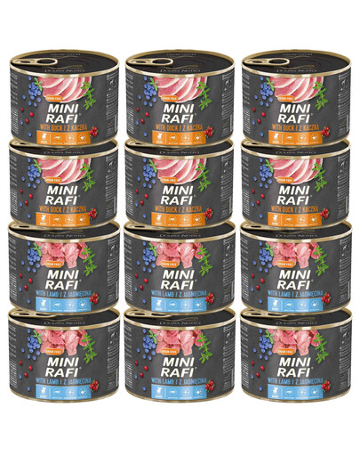 RAFI Mini Mix príchuťou s kačicou a jahňacím 12x185g pre psov malých plemien