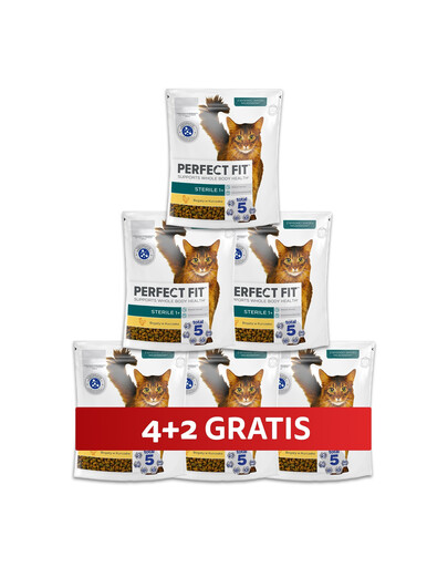 PERFECT FIT Sterile 1+ 6 x 750 g sucha karma pełnoporcjowa dla dorosłych kotów bogata w kurczaka 4+2 GRATIS