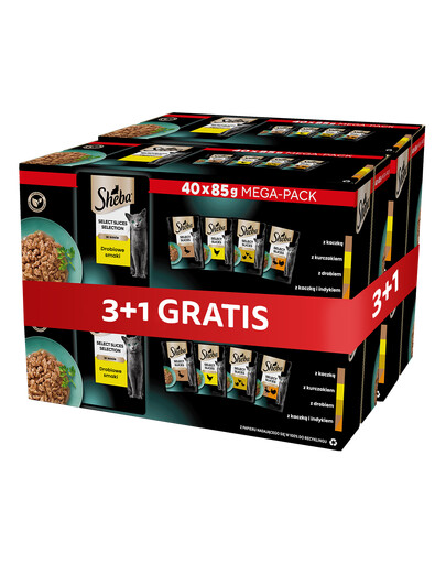 SHEBA Selection Select Slices hydinové príchute vrecká 4 x 40x85 g v omáčke s kúskami: kačacie, kuracie, hydinové, kačacie a morčacie pre dospelé mačky 3+1 ZADARMO