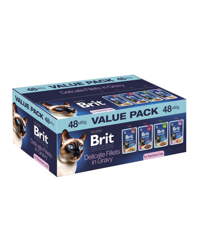 BRIT Premium by Nature Cat Sterilized Fillets in Gravy Value Pack 48x85 g mięsne i rybne fileciki w sosie dla kotów sterylizowanych