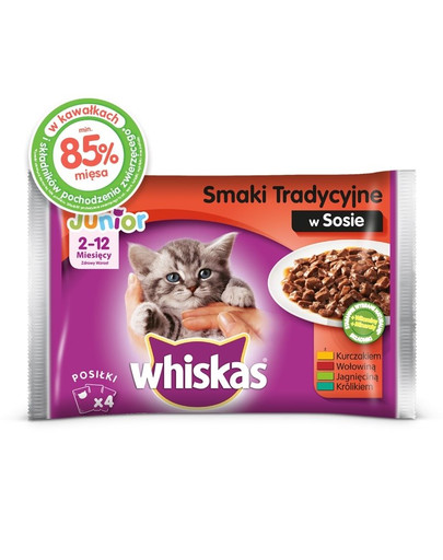 WHISKAS Junior Tradičné príchute 4x100g – kapsička v omáčke pre mačky (s kuracím, s hovädzím, s jahňacím, s králikom)