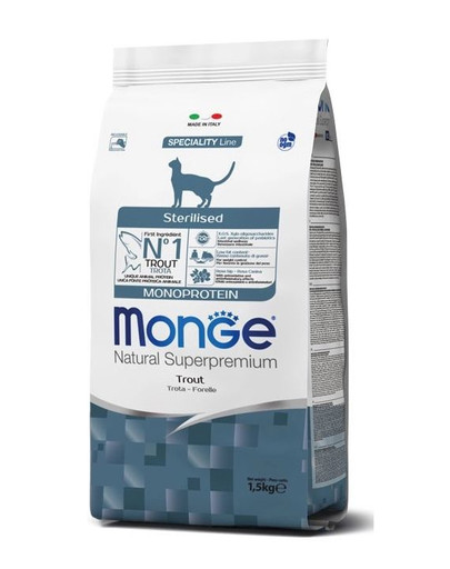 MONGE Monoprotein Cat Sterilised Pstruh 400g granule pre kastrované mačky