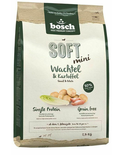 BOSCH Soft mini Krmivo s prepeličím mäsom  a zemiakmi 2,5 kg + tréningové pamlsky s pštrosím mäsom 300 g